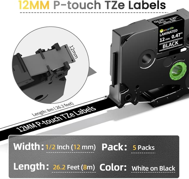 Detalle 1 de Markurlife TZe 335 12 mm Schriftband Weiß auf Schwarz