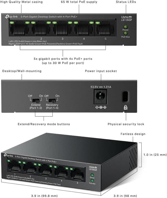 Detalle 2 de TP-Link LS105GP 5-Port Gigabit PoE+ Switch (4x PoE+) with 65W total power budget