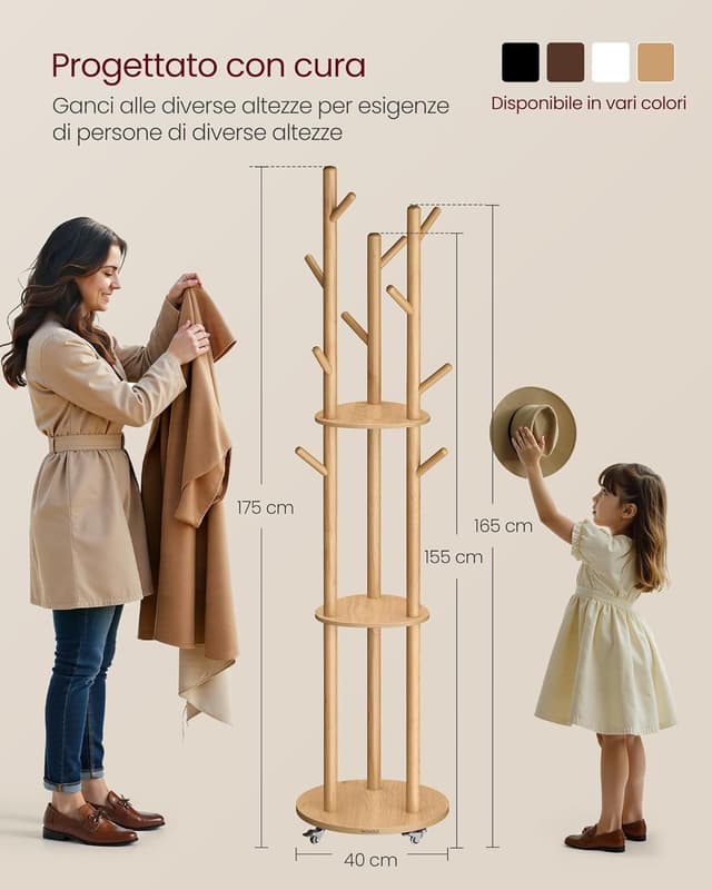 Detalle de VASAGLE Attaccapanni da terra RCR023YK01 con 11 ganci e 3 ripiani, 4 ruote 360° rimovibili