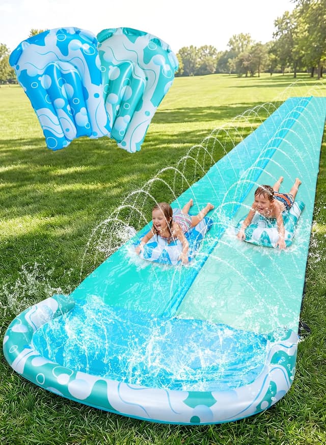 Detalle de JOYIN Double Bubble Extra Long Lawn Water Slide with Built-in Sprinkler and 2 Bodyboards (22.5ft/685.8cm)