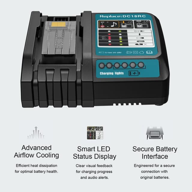 Detalle de Waitley Schnellladegerät DC18RC (kompatibel mit Makita 18V/14,4V) für 18V-Akkus