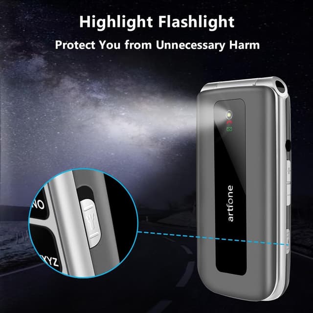 Detalle de artfone F30 4G SIM-Free unlocked flip phone with SOS button, big buttons and 2.4-inch display