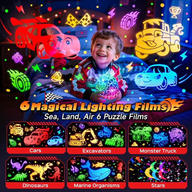 Detalle de Toy Cars Projector Egg Shaped Night Light with 6HD Films, Sounds, 31 Colors, Remote, and 360° Rotation