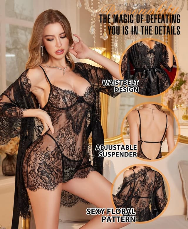 Detalle de RSLOVE Women’s Lace Robe Chemise & Matching Panties 3-Piece Set