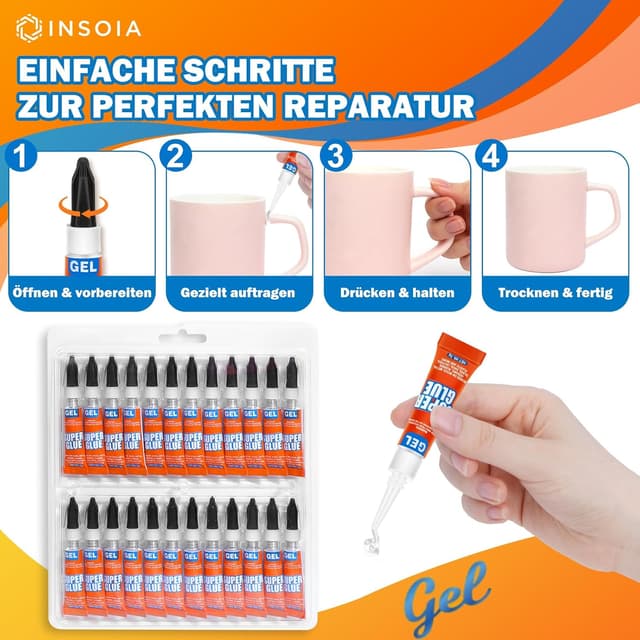 Detalle 2 de Sekundenkleber Gel „extra stark“ – wasserfest, transparent, 24er-Pack (3 g) für schnelle Sofortreparaturen