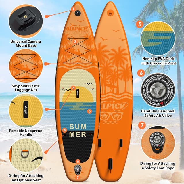 Detalle de ALLPICK Premium SUP-Board Set (aufblasbar) mit universalem Kamerahalter, 3-teiligem verstellbarem Paddel und Zubehör bis 200 kg