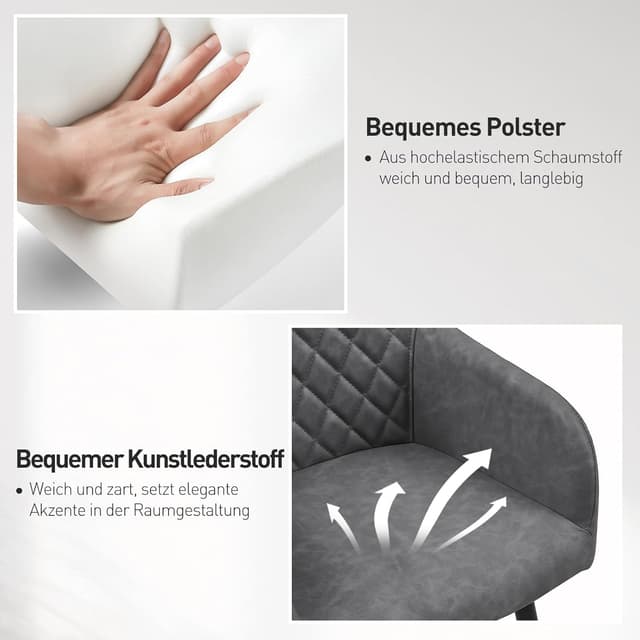 Detalle 2 de CLIPOP Esszimmerstühle 6er-Set mit Armlehne, Kunstlederbezug (Felsgrau) und Metallbeinen