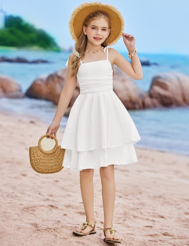Detalle de Arshiner Girls Summer Spaghetti Strap Tiered Midi Sundress with Smocked Back