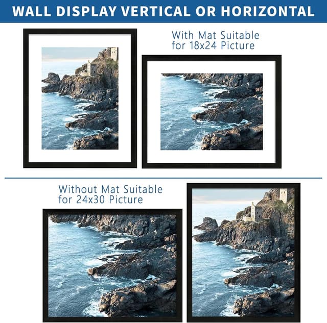 Detalle 2 de Hongkee 24x30 Frame Set of 2 in Rustic Black Wood Style (HD Plexiglass) for 24x30 Posters or 18x24 Photos with Mat