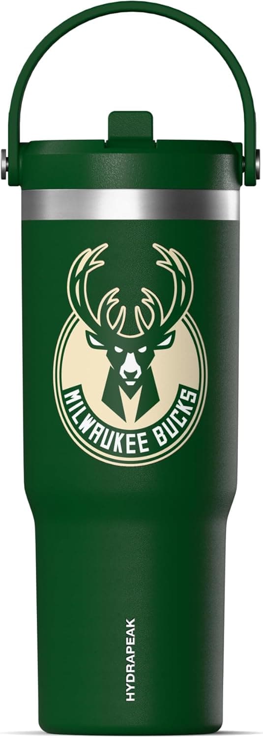 Detalle 2 de Hydrapeak x NBA 32 oz Stainless Steel Tumbler (Milwaukee Bucks) with Straw, Lid & Handle