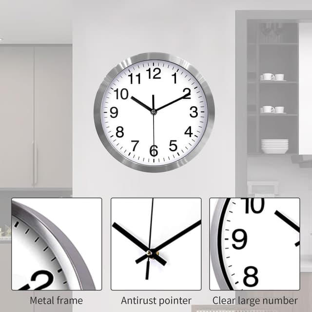 Detalle de 12 Inch Metal Frame Glass Cover Non-ticking Quartz Wall Clock (Silver) for quiet indoor timekeeping