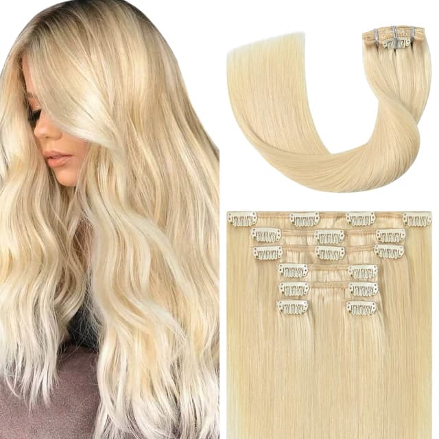 Detalle de UGOTRAYS Platinum Blonde Clip-In Hair Extensions (22 Inch, 7pcs, 115g) Real Human Hair Straight #60