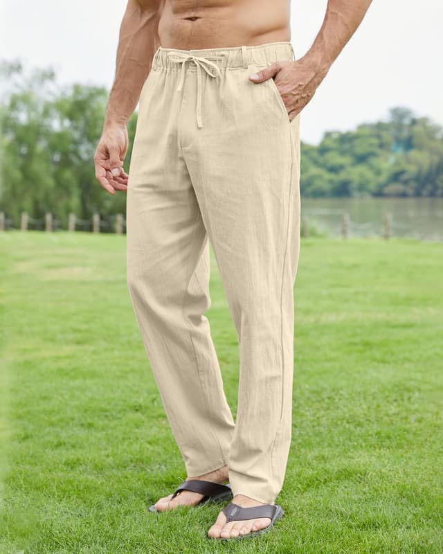 Detalle 2 de Pantalon en lin homme NANAMEEI : ampleur estivale, poches et taille élastique à cordon