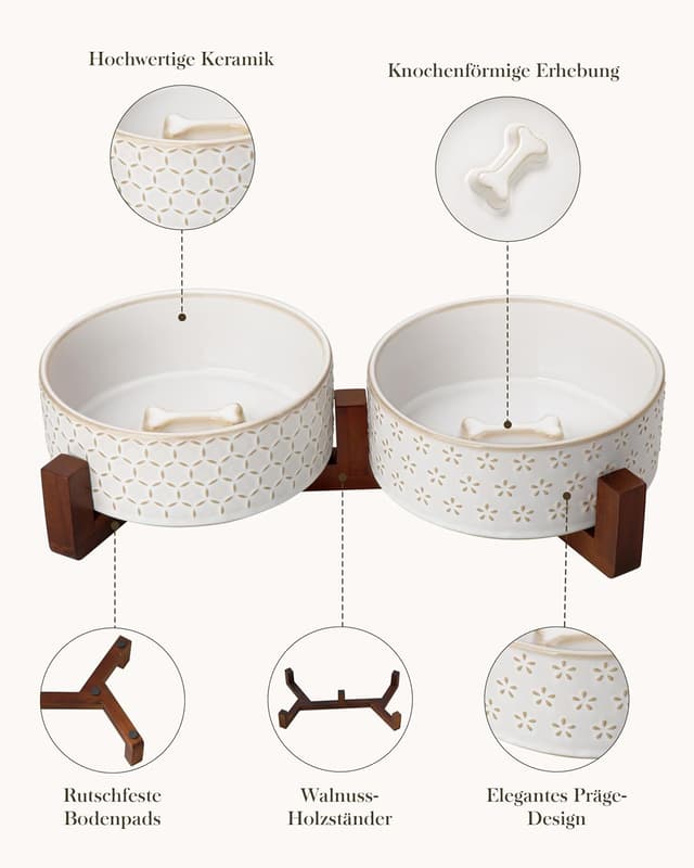 Detalle de MALACASA Keramik-Hundenapf mit Walnussholz-Ständer, 1000 ml, Doppelschale für Futter & Wasser