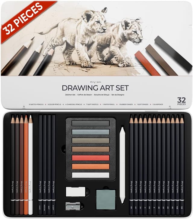Imagen de String & Space Artist’s Drawing Set (32pc) – Graphite, Charcoal, Soft Pastels & Earth Tones in a Metal Tin en OfertitasTOP