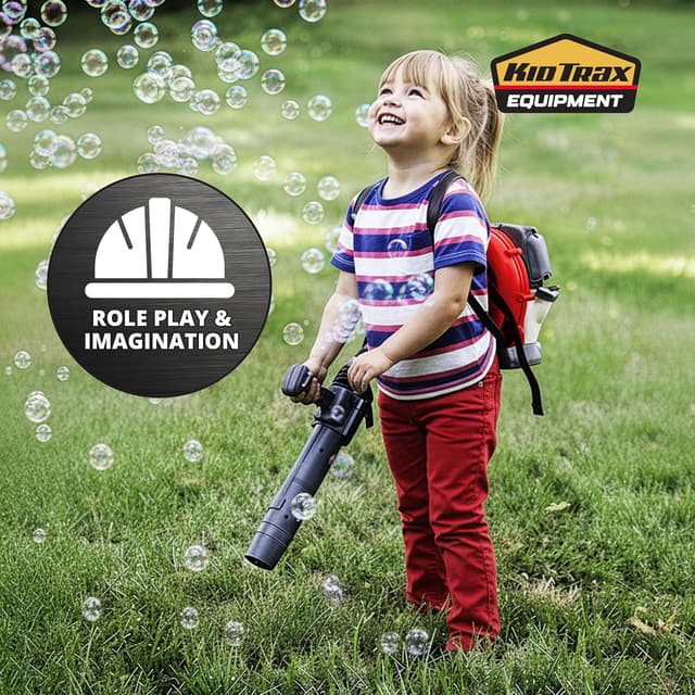 Detalle de Kid Trax Bubble Leaf Blower Backpack (Bubble Machine) — Realistic pretend leaf blower with bubble play, Red, Ages 3+