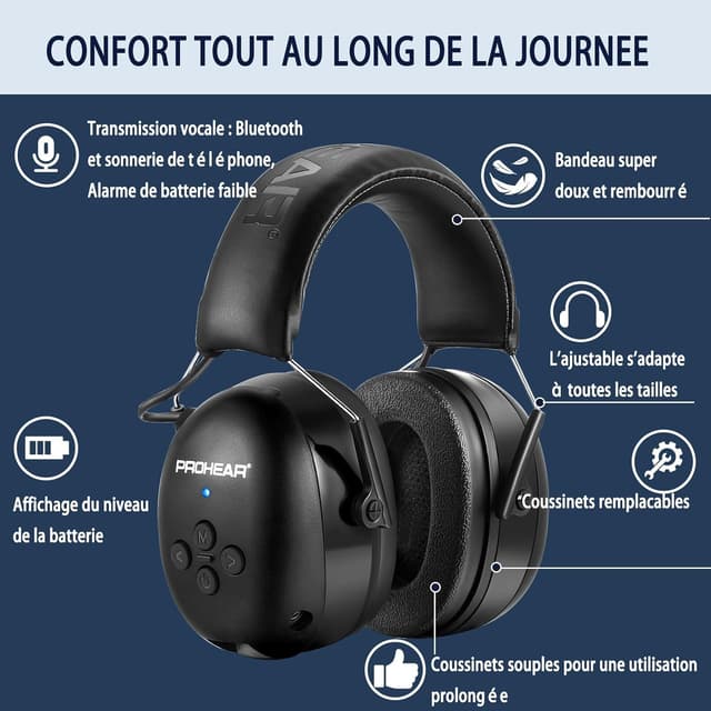 Thumbnail 6 de Casque anti-bruit PROHEAR 037 Bluetooth 5.4 rechargeable (SNR 30 dB) avec sac de transport – Noir