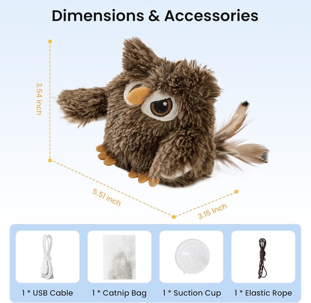 Thumbnail 6 de ZOMISIA Interactive Cat Toys – Flapping Bird & Owl Kitten Toy with Catnip Bag (Rechargeable, Touch Activated) – No Flying, Brown