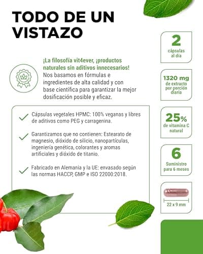 Detalle 2 de Vitamina C Acerola Natural Vegana de Alta Dosificación 🍒