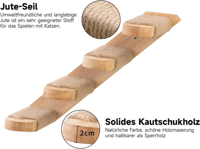 Detalle de FUKUMARU Kletterwand für Katzen – Katzentreppe aus massivem Gummiholz, mit Juteseil (40 cm)