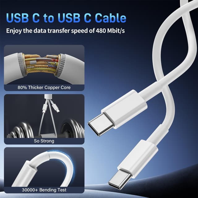 Detalle 2 de 20W USB-C Fast Charger Plug (iPhone 17/16/15) with 1M+2M USB-C to USB-C Cable – UK Power Adapter