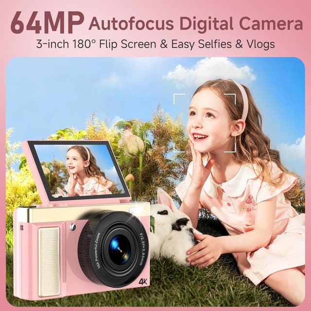 Detalle de 4K 64MP Digital Camera (Pink) with 32GB TF Card, 3" 180° Flip Screen, Autofocus & 16x Zoom