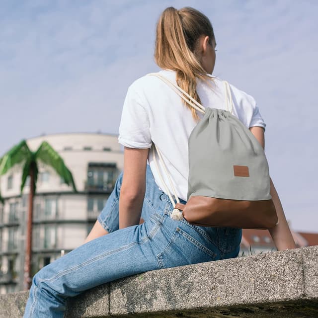 Detalle de Johnny Urban Luke Turnbeutel mit Kordelzug – grau-braun, Baumwoll Canvas, mit Innenfach