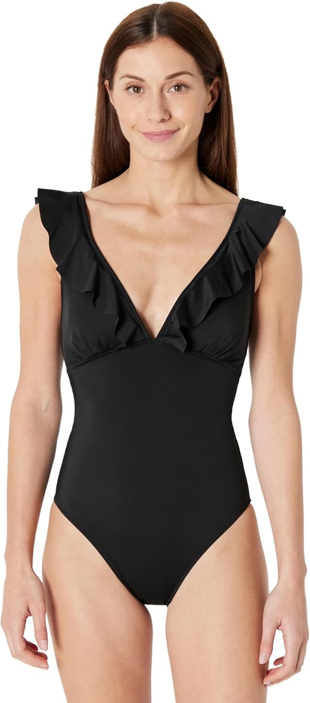 Detalle de Amazon Essentials Damen Einteiliger Badeanzug mit Rüschen und V-Ausschnitt – Slim Fit mit Büstenheber