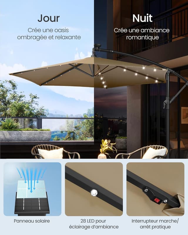 Detalle de SONGMICS Parasol déporté avec 32 LED, socle en croix et protection UPF 50+ (300 cm)