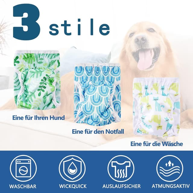 Detalle 2 de Demigreat Läufigkeitshose für Hündinnen (3er-Pack) S – größenverstellbar, hochsaugfähig, grüne Blätter