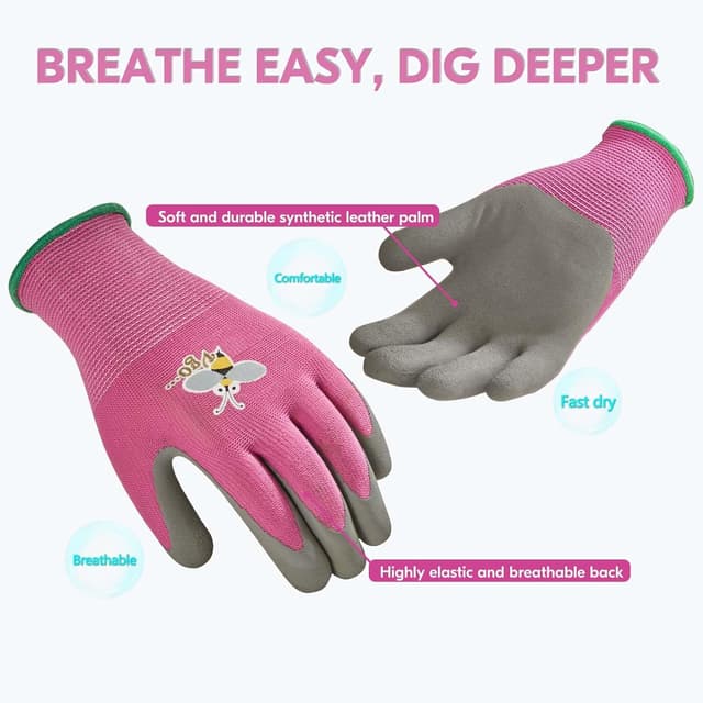 Detalle de Vgo set da 3 paia guanti da giardinaggio per bambini 3-9 anni in lattice naturale traspirante (XXS, viola)