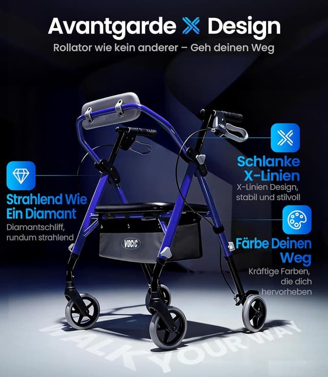 Detalle de VOCIC Z11 Rollator faltbar mit Sitz (max. 172 kg) – schmal für die Wohnung, höhenverstellbar