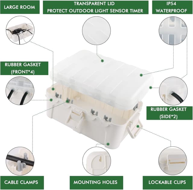 Detalle de RESTMO Large Outdoor Electrical Box with Transparent Lid (IP54) for Photocell Timer & Power Connections