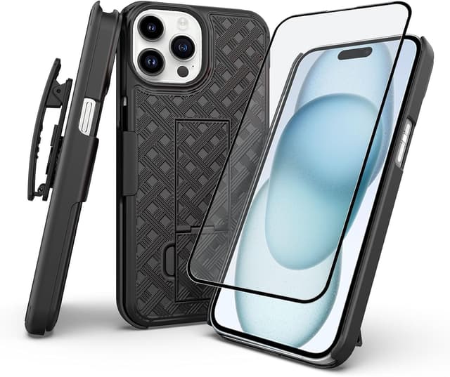 Detalle de Ailiber Designed for iPhone 15 Pro Case with Stand & Belt Clip Holster (Black) + Full Screen Protector