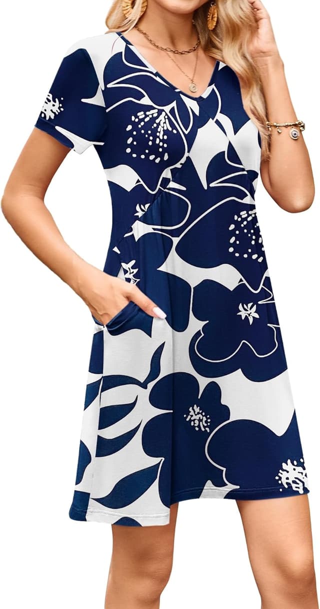 Detalle 2 de Robe PLOKNRD à col V et poches, manches courtes – taille haute décontractée pour femme