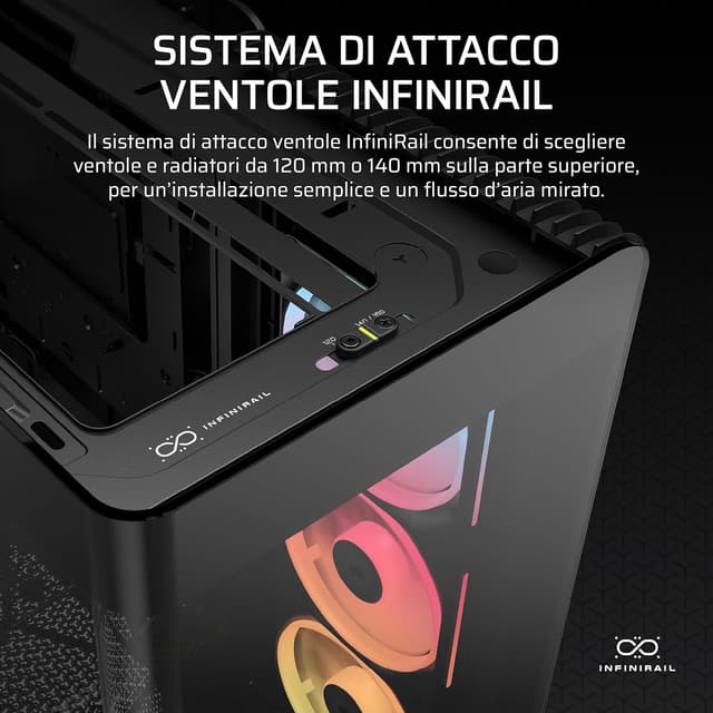 Detalle 2 de CORSAIR Frame 4500X LX-R RGB LINK, mid-tower con vetro panoramico e sistema InfiniRail, include 3 ventole LX120R RGB LINK