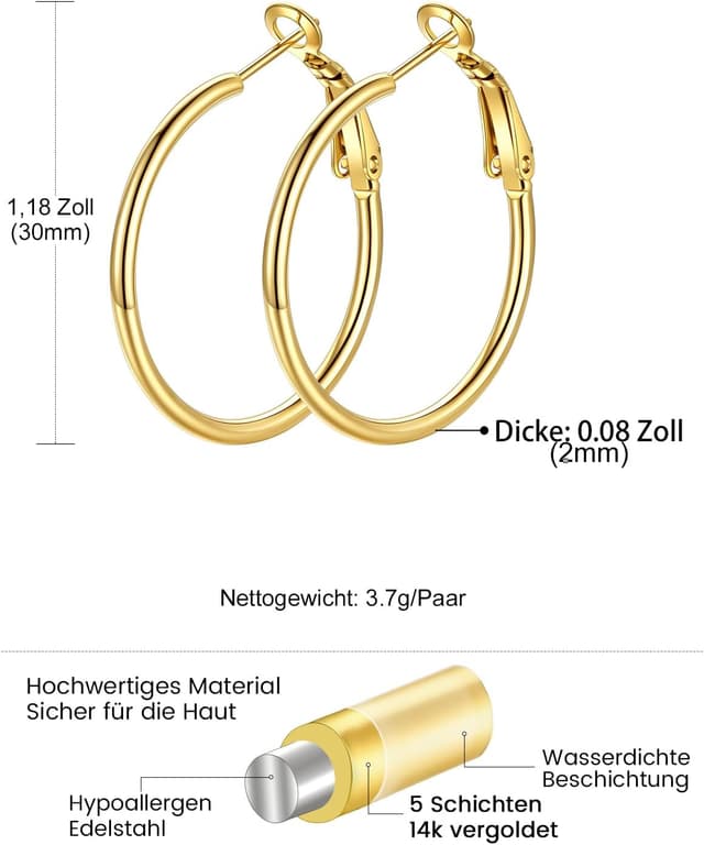 Detalle de GoldChic Creolen aus Edelstahl – Huggie Hoop Ohrringe in Silber, Schwarz oder Gold (30–100 mm)