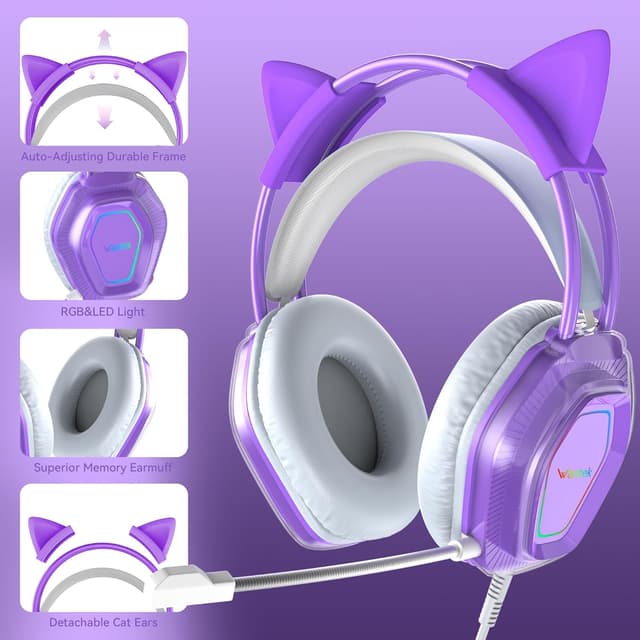 Detalle 2 de Wantak Katzenohr Gaming-Headset mit Mikrofon (kabelgebunden) – 3,5mm/USB, Noise Cancelling, 20–20.000 Hz – Pink