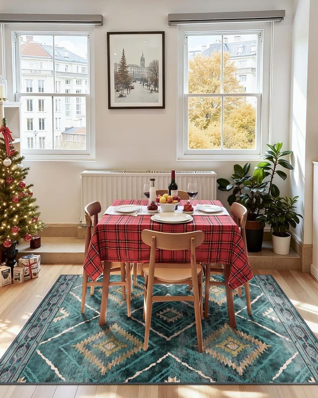 Detalle de Tapis de salon lavable en machine DEFYNEE 180 x 270 cm style marocain, bleu canard