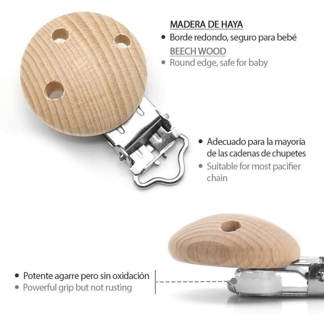 Detalle de RUBY 10er Pack Schnullerclips aus Naturholz, schadstofffrei – mit Metallclip