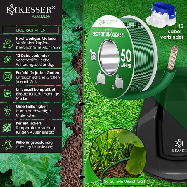 Detalle 2 de KESSER® Begrenzungskabel 50 m mit 12 Kabelverbindern – Universal für Mähroboter & Rasenmäher