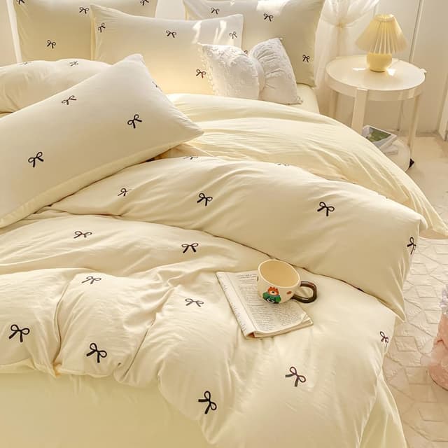 Detalle 2 de Parure de lit adulte Covebett réversible 220x240 cm blanc et jaune nœud papillon avec fermeture éclair