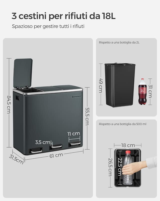 Thumbnail 6 de SONGMICS LTB54GS pattumiera 3x18 L per raccolta