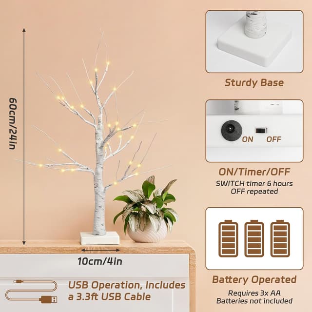 Detalle de Newthinking White Birch Twig 2FT (2 Pack) with 24 Warm White LEDs – battery or USB tabletop Easter decoration