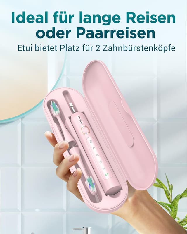 Detalle 2 de Brosse à dents électrique sonique pour dents sensibles (adultes & enfants) Rose Bonbon — 5 modes, 8 têtes et étui de voyage, IPX7