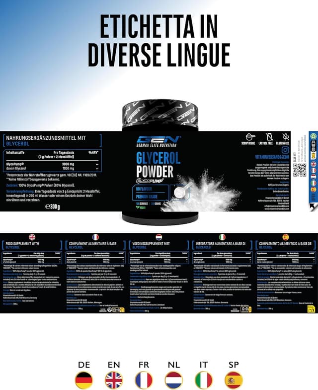 Detalle 2 de GEN GERMAN ELITE NUTRITION GlycoPump® 300 g (glicerolo puro in polvere al 65%) vegano e senza additivi