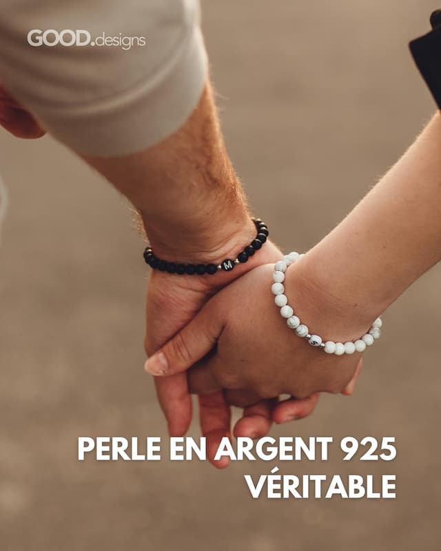Detalle de Bracelet couple GD GOOD.designs EST. 2015 avec lettre I et perles d’onyx naturel (6 mm)