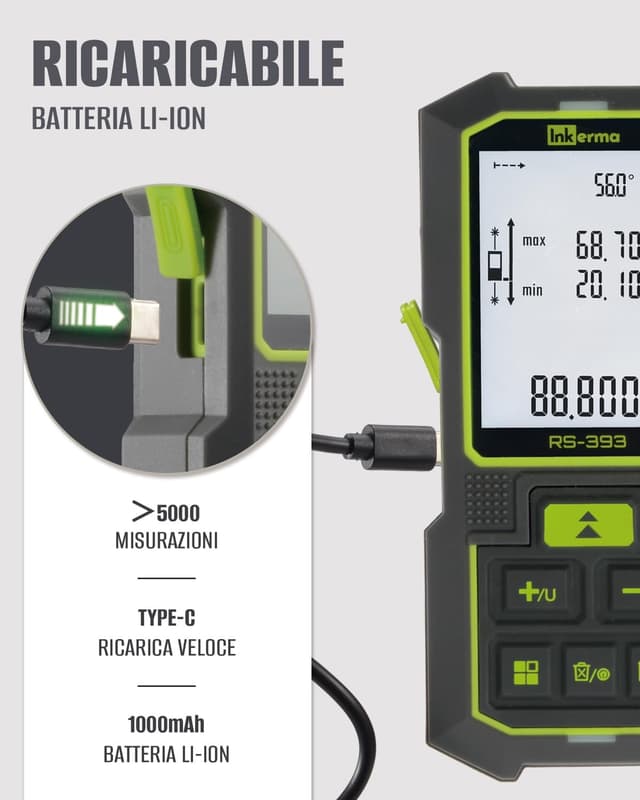 Detalle de Inkerma Metro Laser bilaterale ricaricabile RS-393: fino a 120 m con calcolo area/volume e Pitagora
