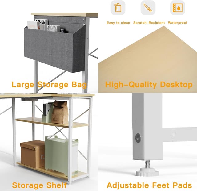 Detalle de BEXEVUE Small L-Shaped Desk with Power Outlets, 100x70 cm corner workstation with reversible storage shelves (beige)