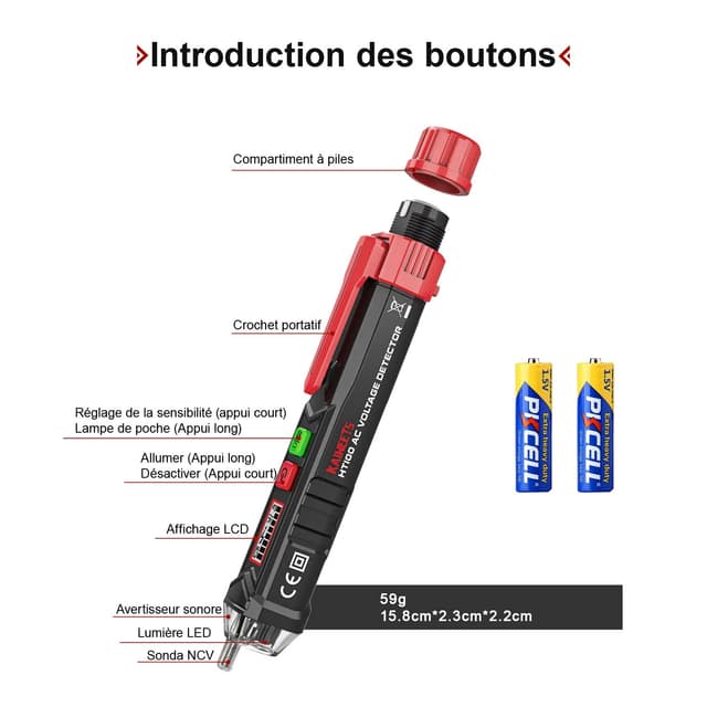 Detalle 2 de KAIWEETS HT100 Détecteur de tension 12V–1000V